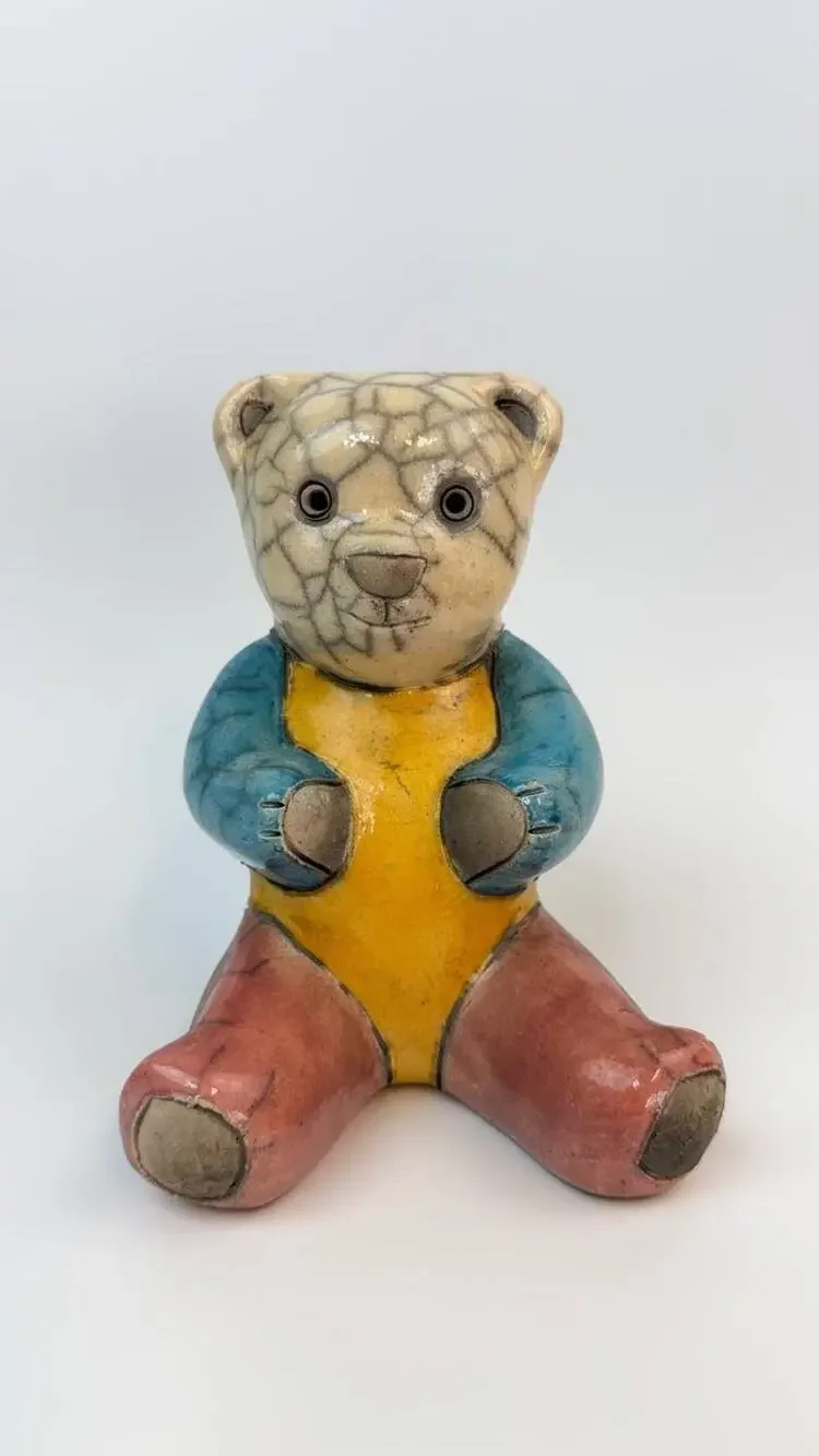 Raku Pottery Teddy Bear Figurine Hand Made South Africa Folk Art Collectible